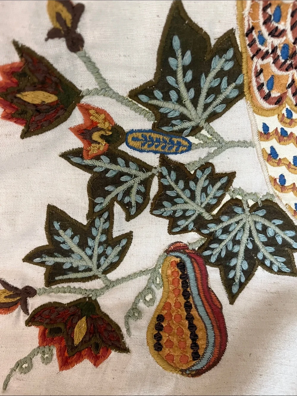 Pottery Barn owl with berries embroidered appliqué, pillow cover, cotton linen